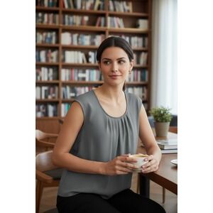 Kasper Cap Sleeve Pleat Neck Blouse Women's Size XL 'Blue Dusk' Blue Gray NWT